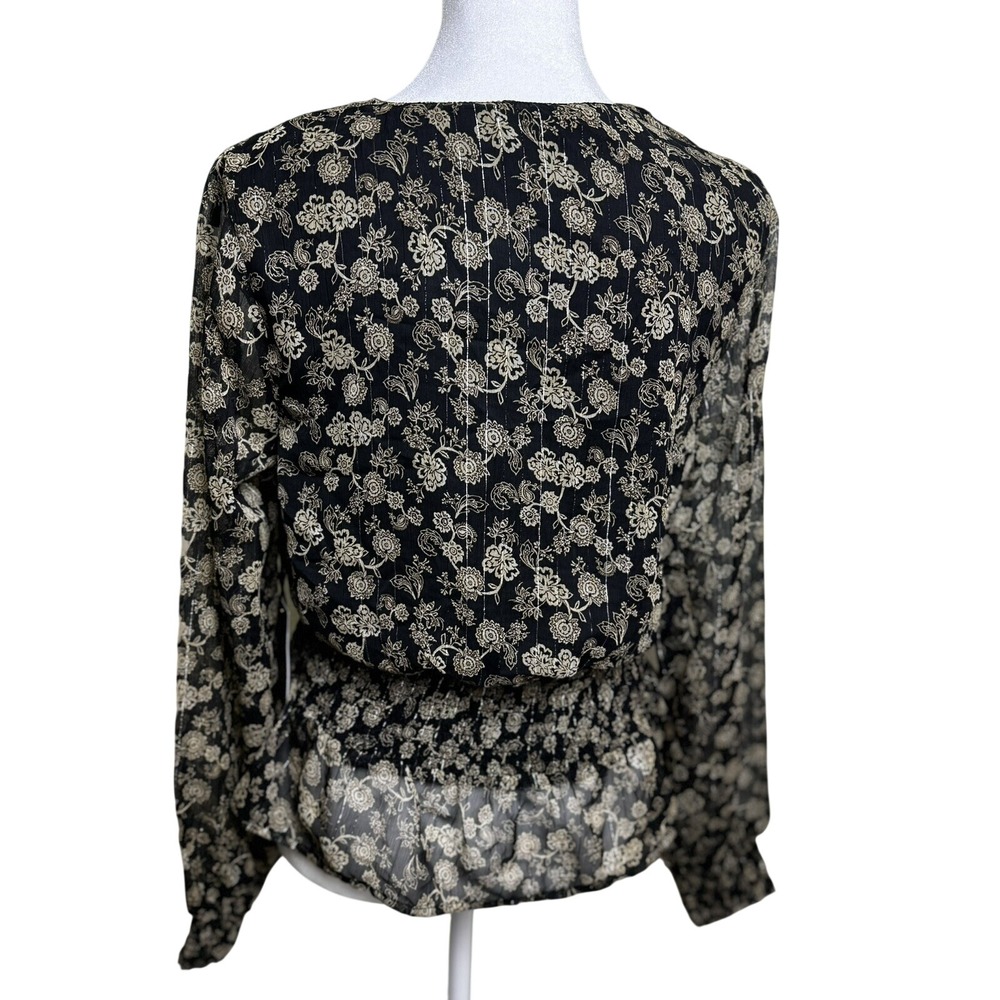 Japna Womens Floral Paisley Metallic Smocked Peplum Blouse Black Gold Medium NWT - Picture 2 of 6
